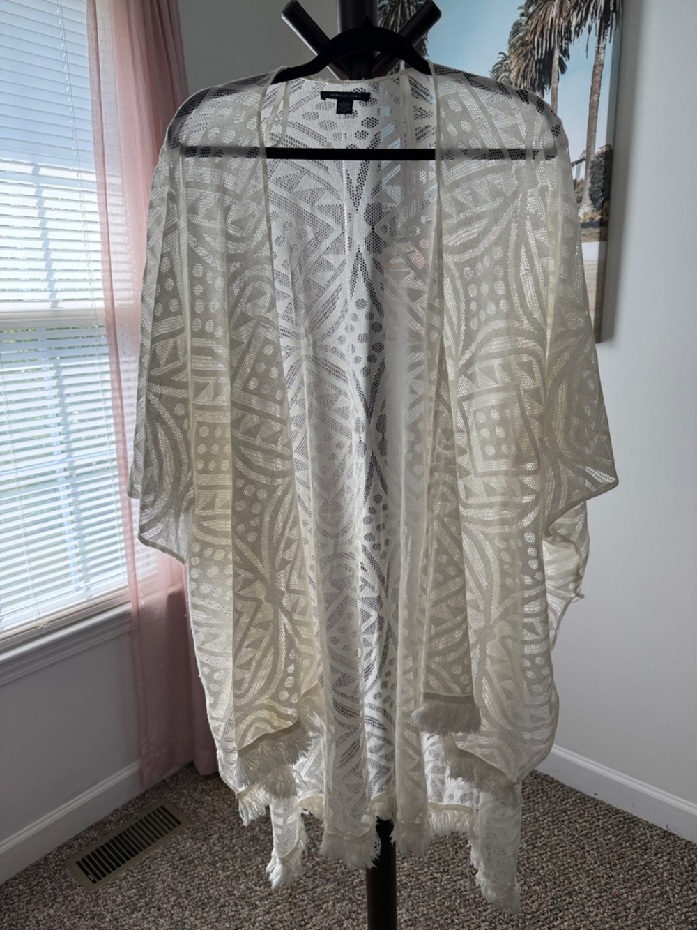 American Eagle Outfitters Cream Open-Front Fringe Knit Kimono